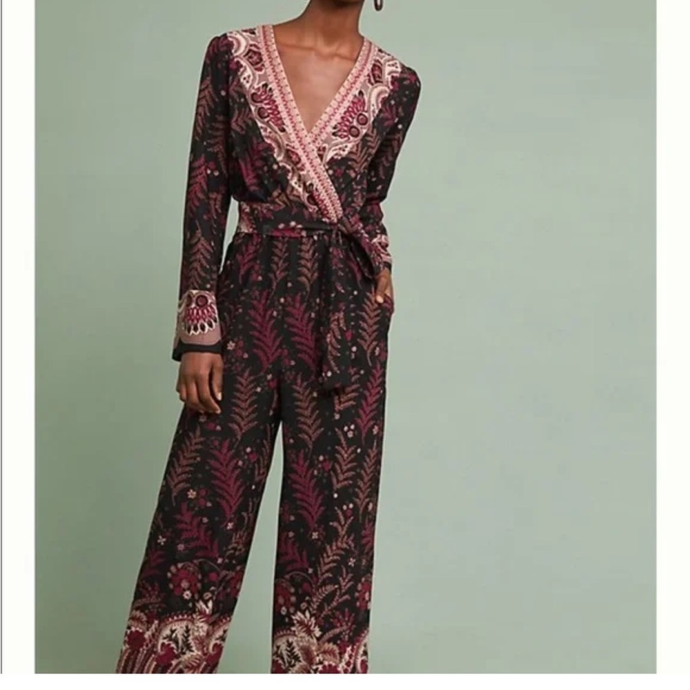 Anthropologie Black and Pink Patterned Jumpsuit